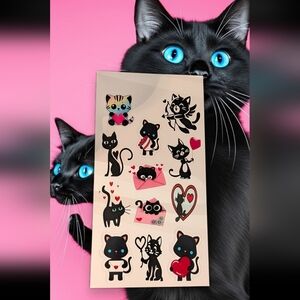 Cute Cat Sticker Set - Black and Pink 4 sheets of Valentine's Day stickers